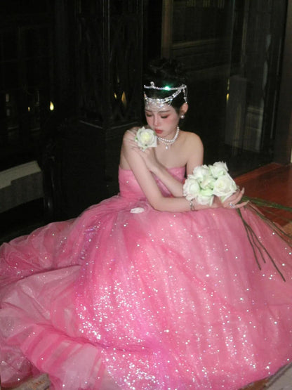 Glitter Pink Strapless Tulle Sequin Long Birthday Prom Dress Party Gown SP3911