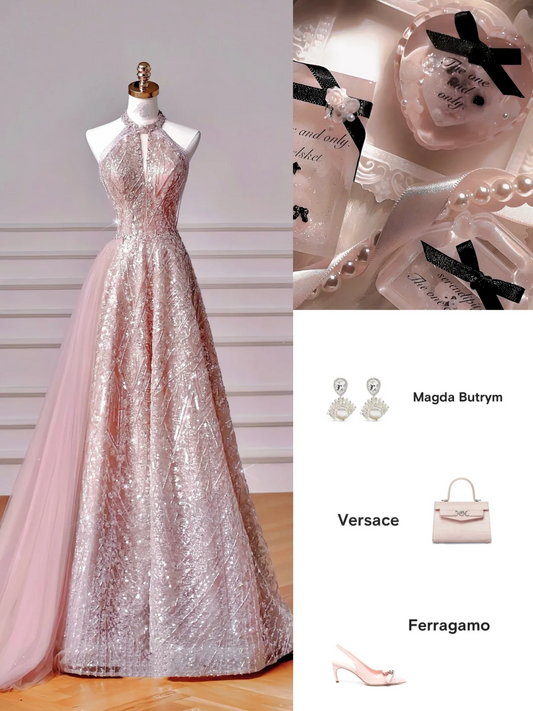 Sparkly Pink Halter Sequins Tulle A Line Prom Dress Evening Dress Y8608