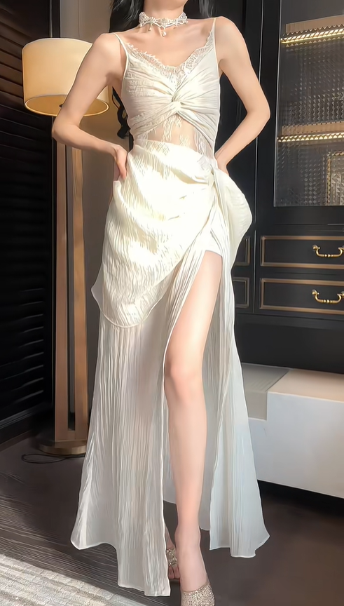 Sexy White Spaghetti Straps Lace Tulle Pleated Side Slit Prom Dress Mermaid Long Party Gown SP430