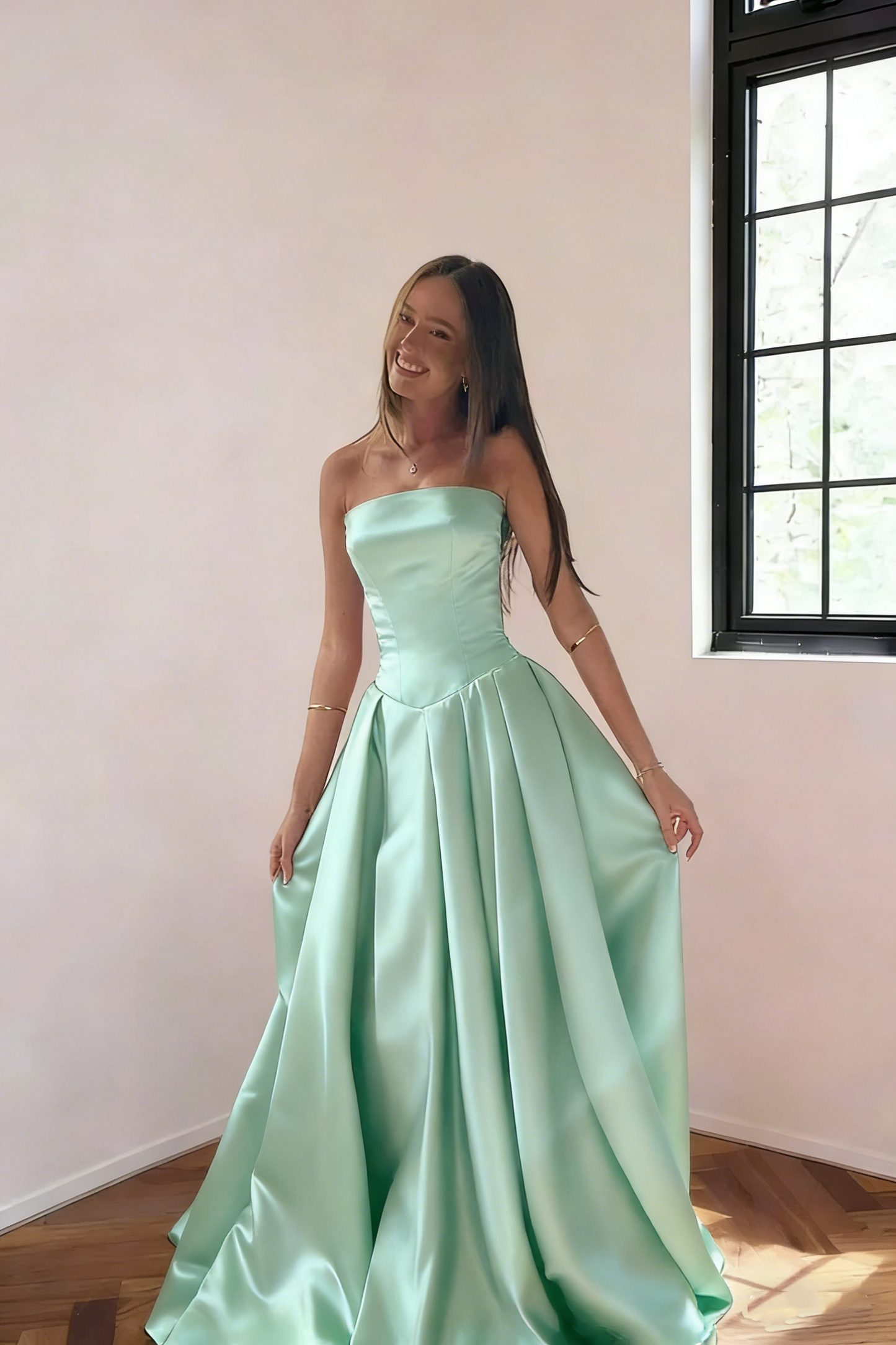 Classy Burgundy Strapless Satin Pleated Long Evening Dress Formal Wedding Guest Dress SP1732