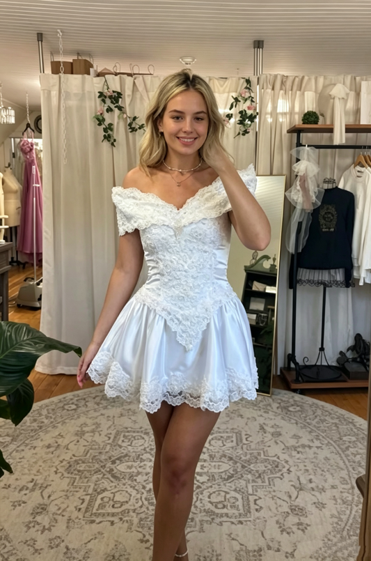 Classy Off The Shoulder Satin Lace A Line Short Prom Dress,White Short 6th Grade Homecoming Dress SP2997