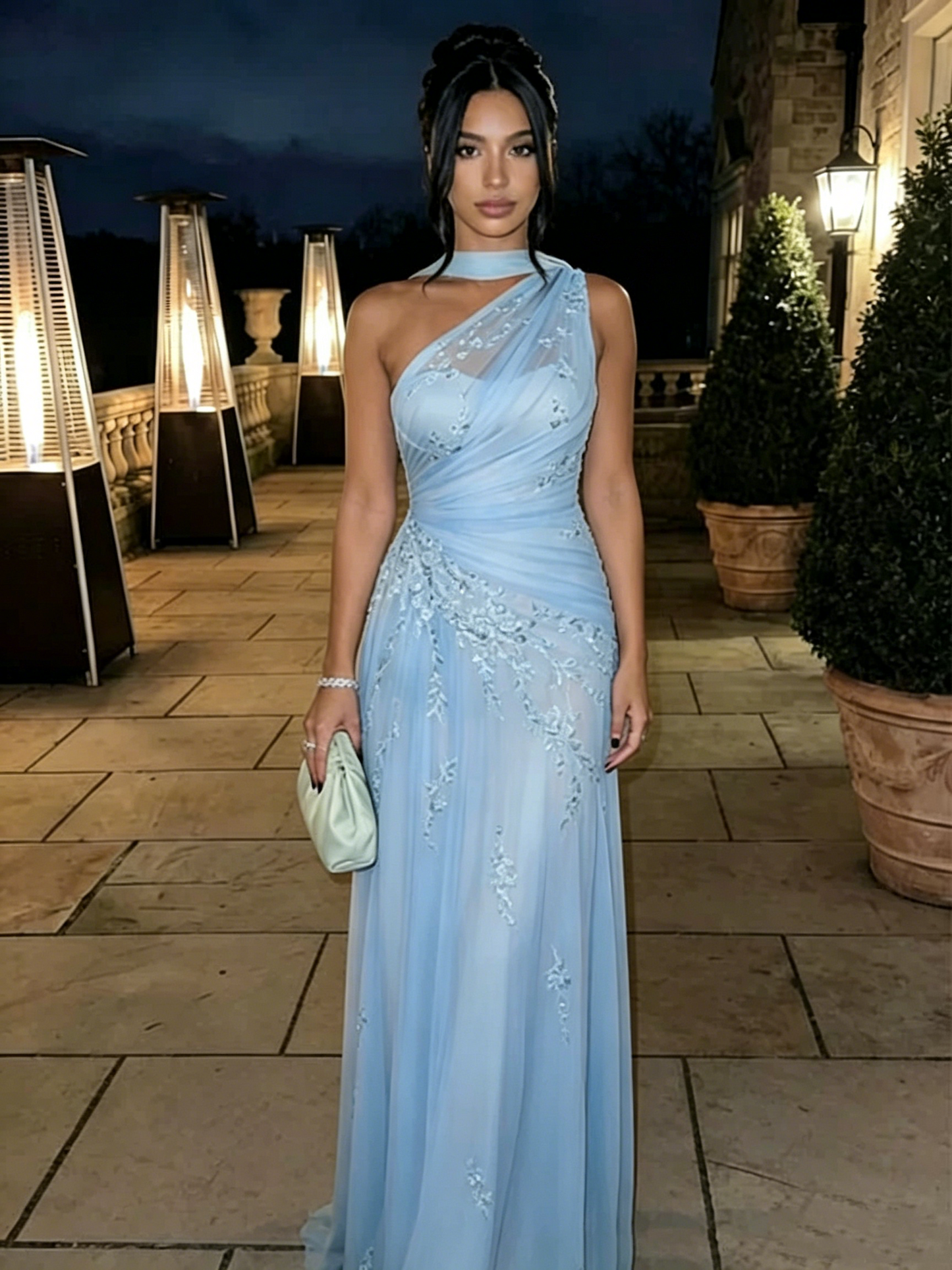 Glamorous Sage Green One-Shoulder Embroidered Chiffon Mermaid Prom Dress Long Evening Dress SP2301