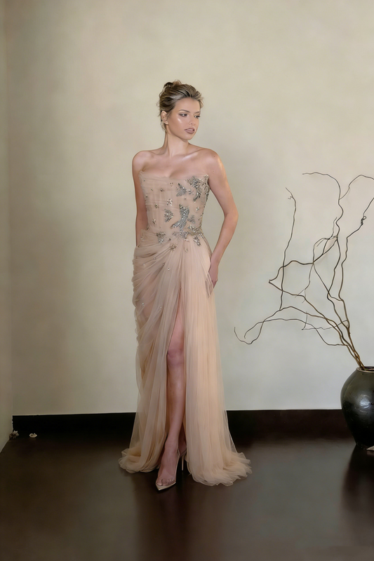 Elegant Tulle Pleated Beaded Mermaid Long Wedding Guest Dress Formal Birthday Party Dress Prom Gown SP1546