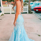 Light Blue Appliques Straps Lace-Up Mermaid Long Prom Dress  Y6179