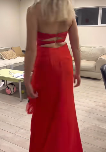 Pretty Strapless Beaded Chiffon Ruffles Mermaid Long Party Dress Red Slit Prom Dresses SP415