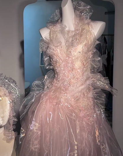 Fairy Pink Tulle Beaded Prom Dress,Long Backless Evening Dress Y8564