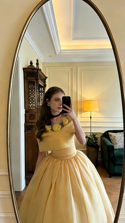Cute Yellow Ball Gown Off The Shoulder Organza Birthday Quinceanera Dress Sweet 16 Dress With 3D Flowers SP2058