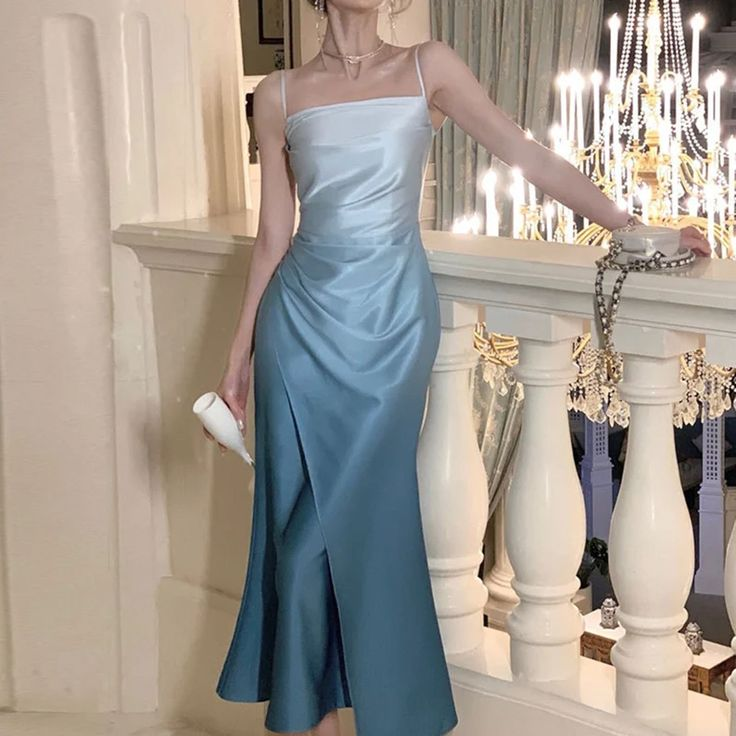 Elegant Sheath Straps Blue Prom Dresses Formal Dress Y7363