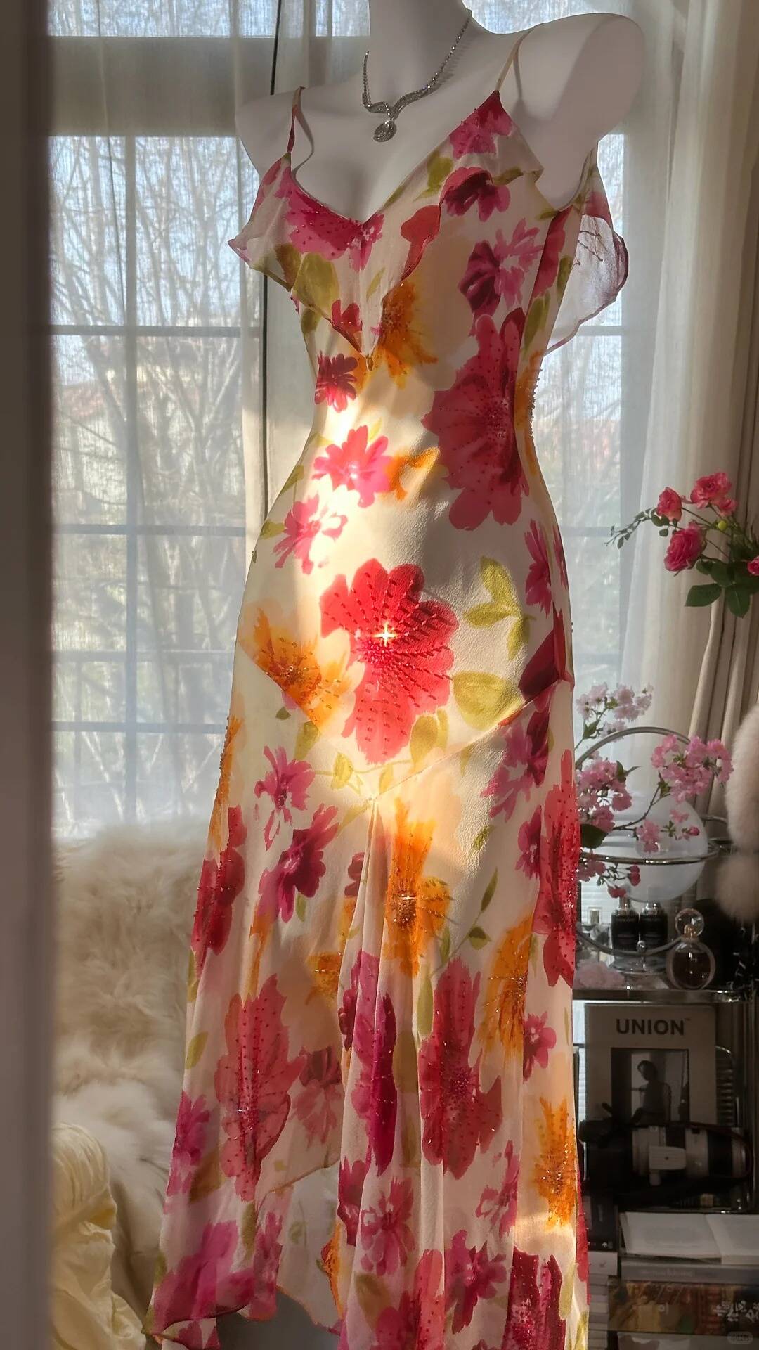 Beautiful Spaghetti Straps Chiffon Print Floral Mermaid Evening Dress Formal Party Gown Y8915
