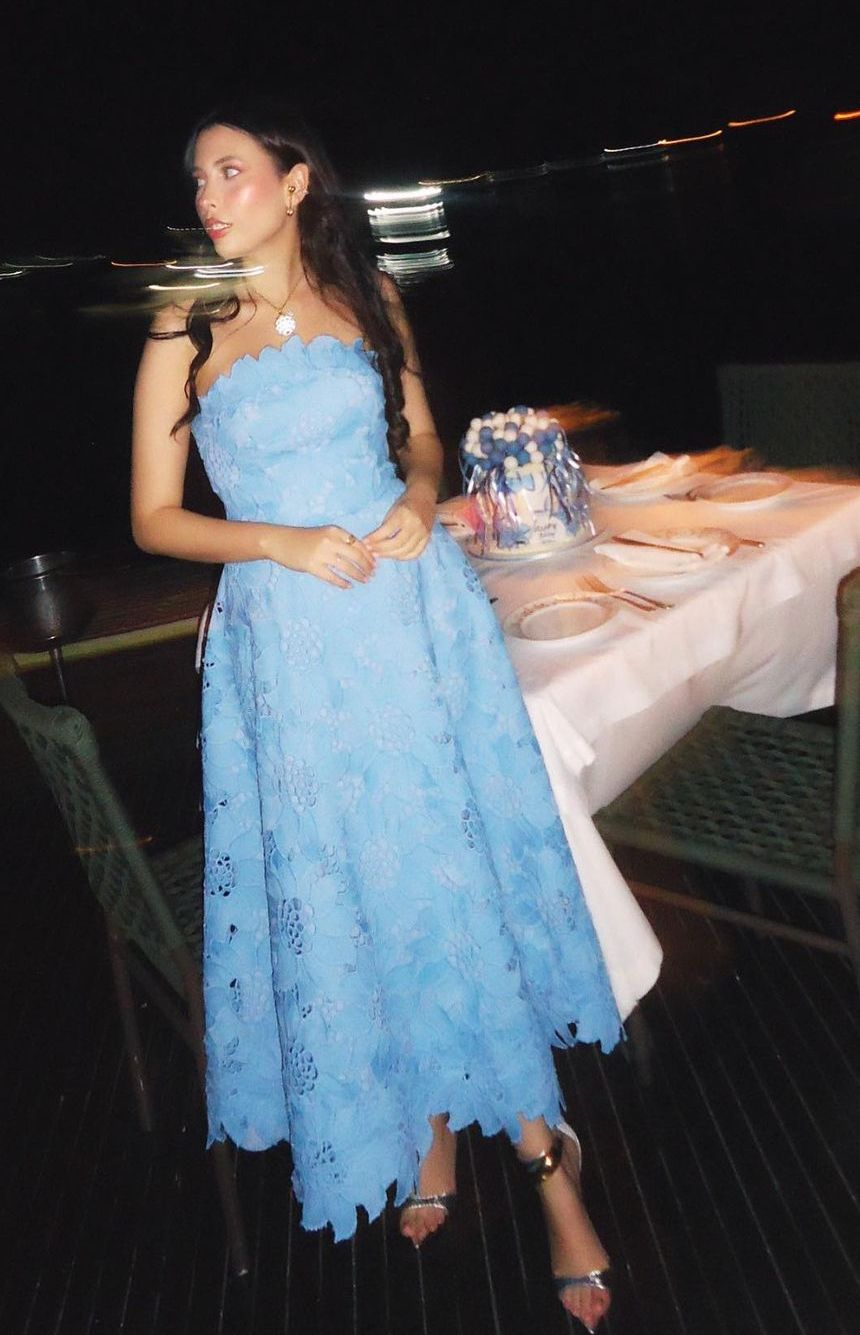 Elegant Strapless Blue Lace A Line Long Party Dress Birthday Outfits SP998