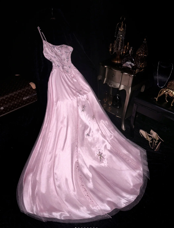 Pretty One Shoulder Pink Satin Tulle Beaded Long Mermaid Party Dress Birthday Outfits SP951
