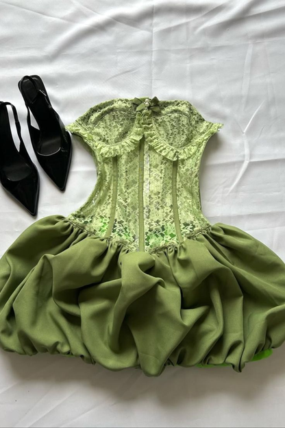 Cute Yellow Lace Satin A Line Short Prom Dress,Strapless Short 6th Grade Homecoming Dress SP3354