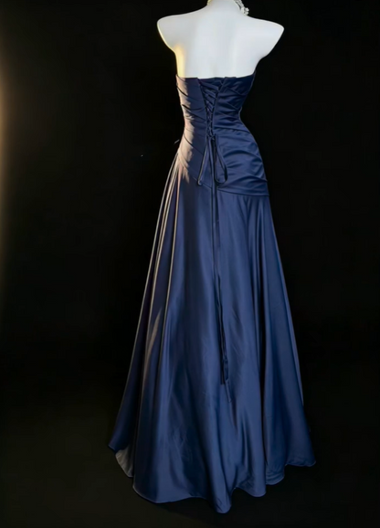 Fashion Strapless Satin Pleated Long Party Dress,Navy Blue A Line Long Prom Gown SP2762