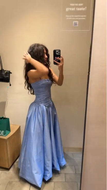 Elegant Blue Strapless Satin Pleated A Line Long Party Dress Birthday Dress SP2528