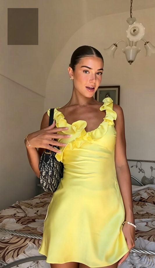 Fashion Yellow Ruffles Satin A Line Short Graduation Homecoming Dress,Backless Mini Birthday Dress SP2987