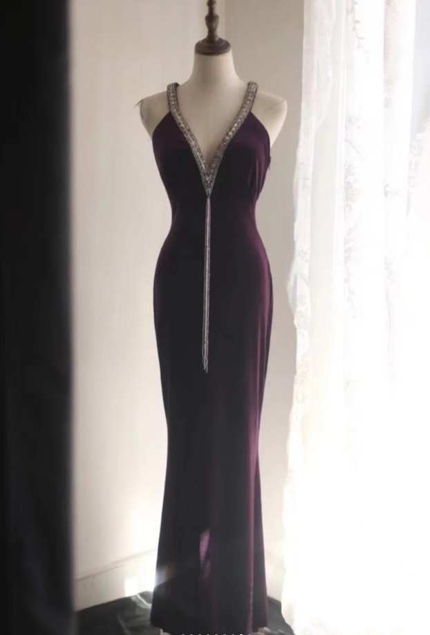 Sexy Purple V Neck Velvet Beaded Mermaid Long Wedding Guest Dress Formal Evening Dress SP1248