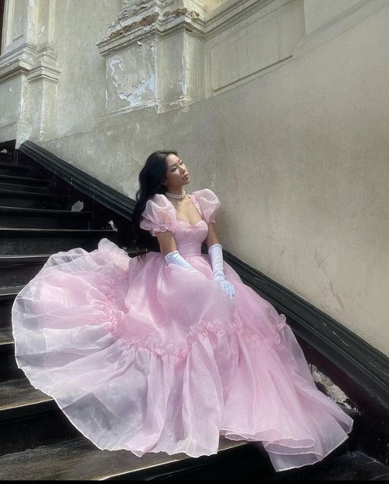 Pink Tulle Puff Sleeve Quinceanera Dress,Ball Gown,Sweet 16 Dress  Y1968