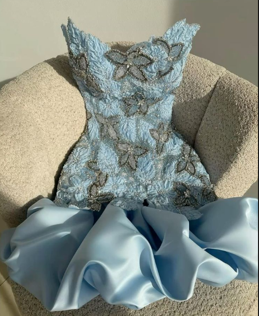 Gorgeous Blue Strapless Satin Floral Beaded Sheath Short Homecoming Dress Birthday Outfits SP2491