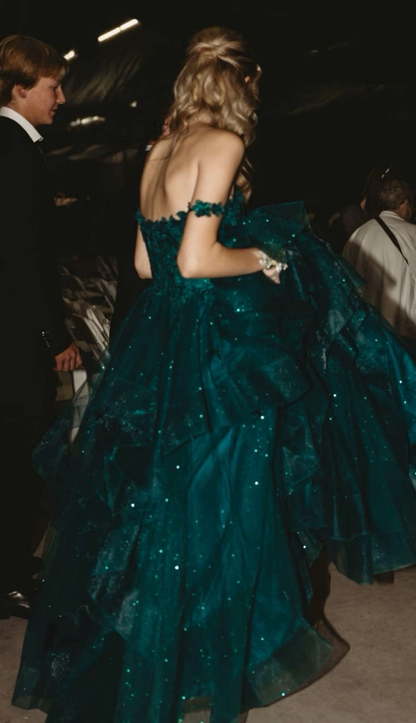 Vintage Off The Shoulder Emerald Green Tulle Appliques A Line Long Party Dress Formal Guest Dress SP369
