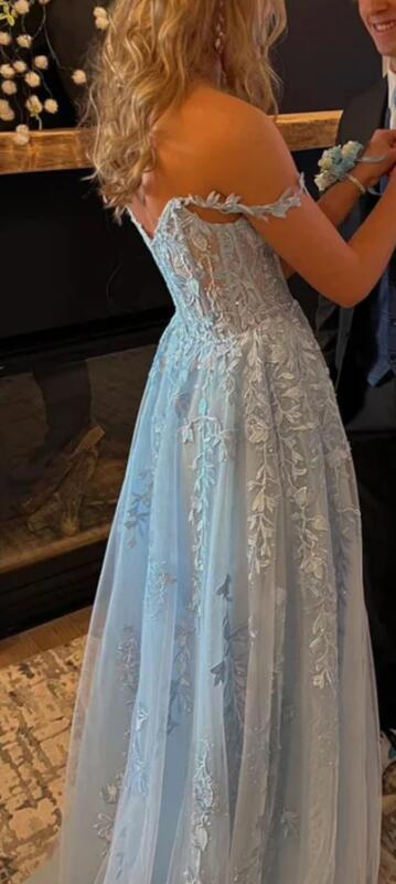 Blue Lace Appliques A-line Long Prom Dress,Blue Graduation Dress Y7035