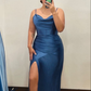 Simple Blue Satin Spaghetti Straps Long Evening Prom Dresses, Custom Sheath Prom Dress Y6346