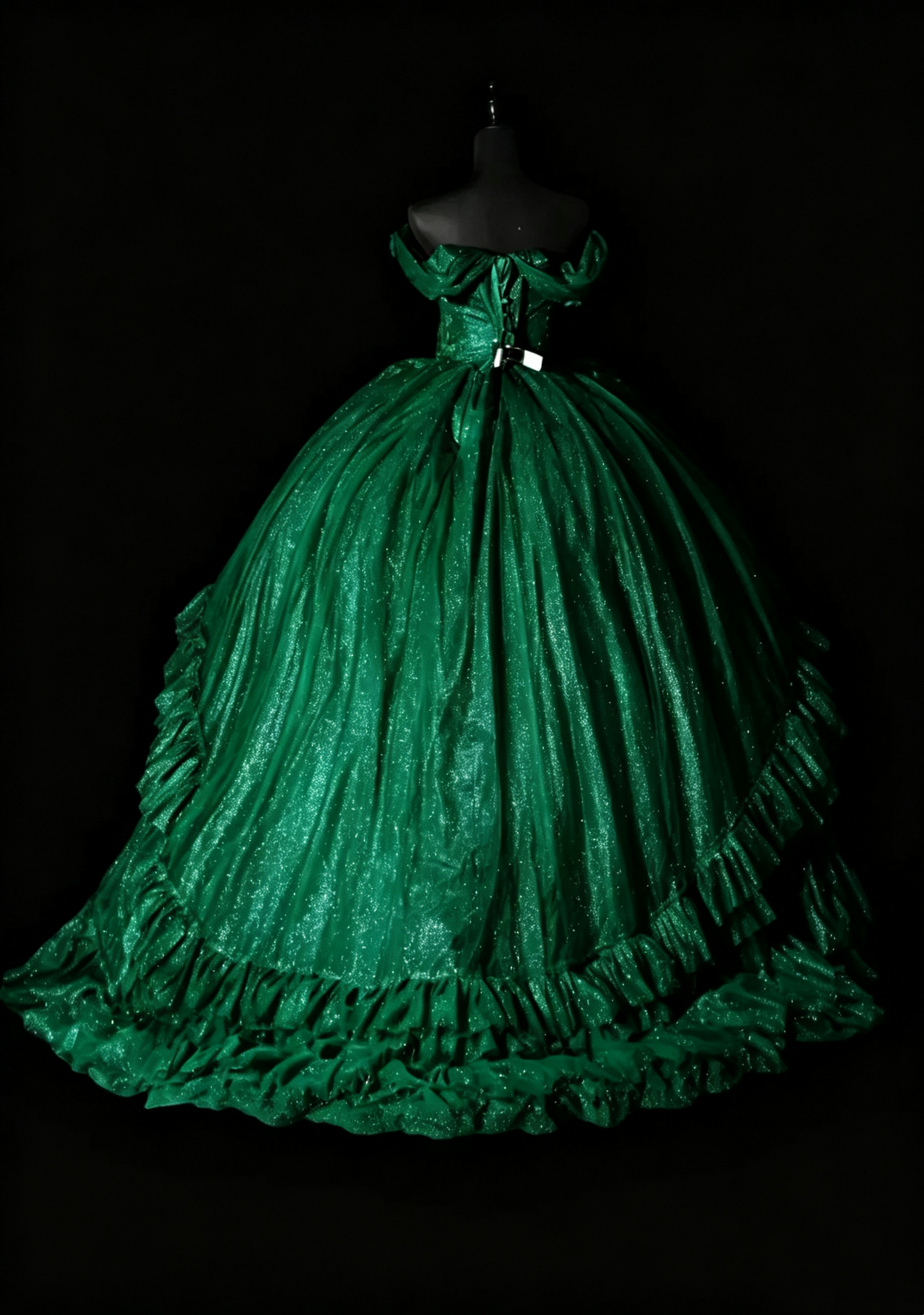 Unique Green Ball Gown Off The Shoulder Tulle Sequin Ruffles Birthday Quinceanera Dress SP3171
