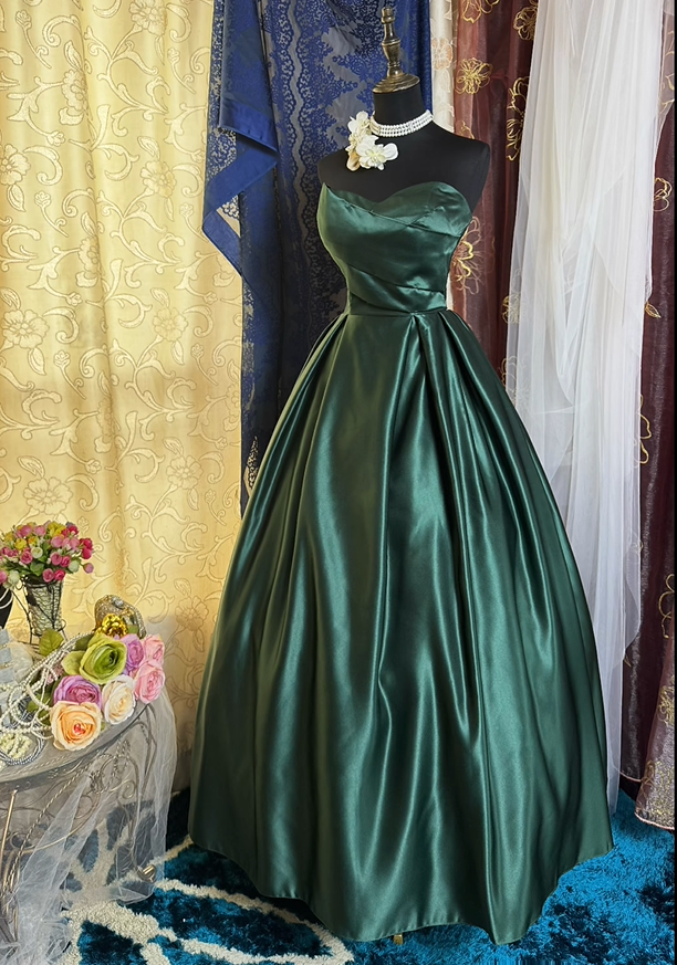Retro Green Strapless Satin Pleated Ball Gown Long Party Dress Prom Dress SP2194