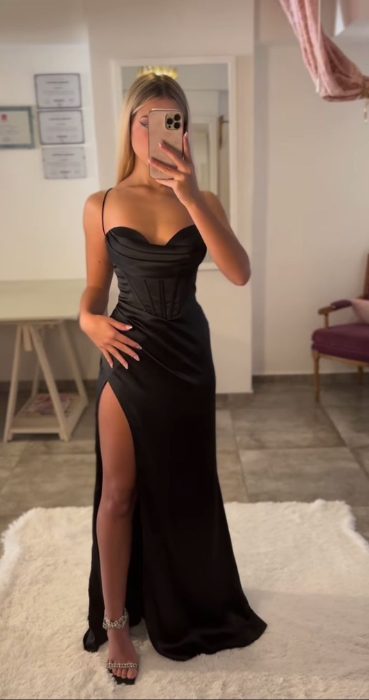 Trendy Black Satin Sleeveless Corset Slit Evening Dress Y5082