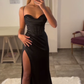 Trendy Black Satin Sleeveless Corset Slit Evening Dress Y5082