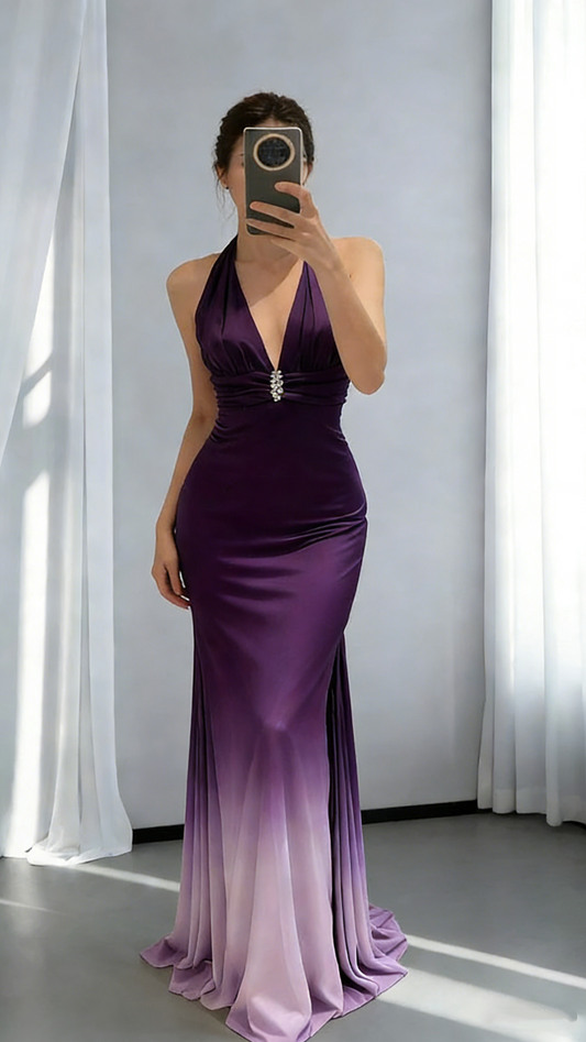 Pretty Halter V Neck Ombre Purple Satin Mermaid Long Party Dress Evening Gown SP1757