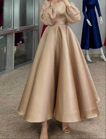 Modest Navy Blue A-line Satin Prom Dress,Muslim Dress Y6983