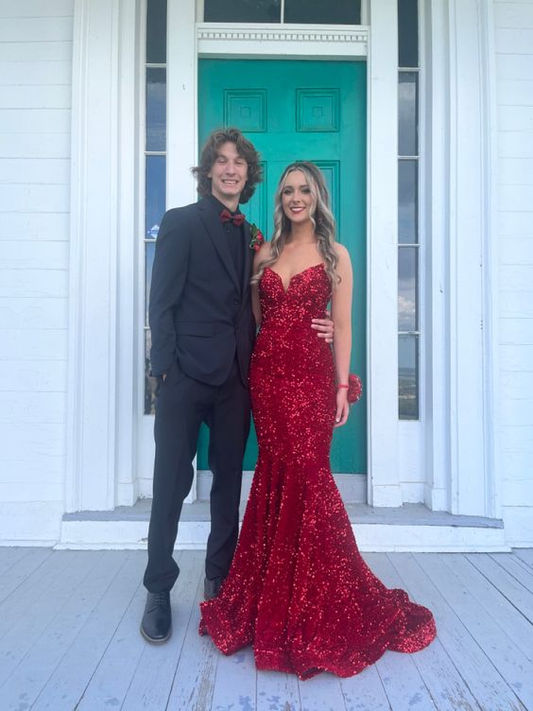 Sparkly Mermaid V Neck Red Sequins Long Prom Dresses Y5958