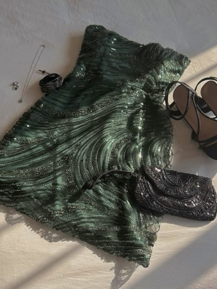 Vintage Green Strapless Tulle Sequin Sheath Short Homecoming Dress Cocktail Dress SP3636