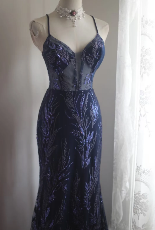 Gorgeous Spaghetti Straps Navy Blue Sequin Tulle Mermaid Long Evening Dress Prom Gown SP1236
