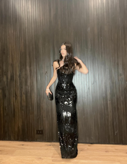 Sexy Black Strapless Satin Sequin Slit Long Party Dress Birthday Prom Dresses SP1037