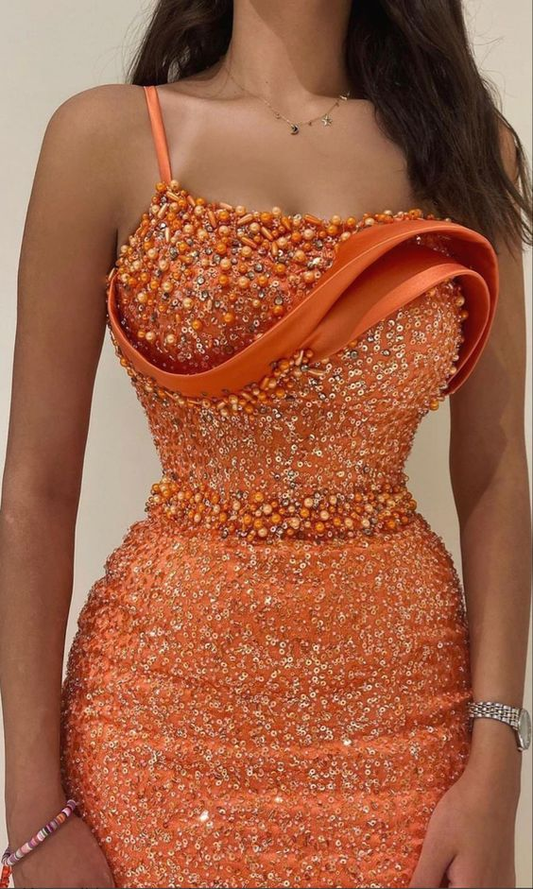 Orange Evening Dress Spaghetti Strap Pearls Beaded Sequin Lace Straight Dresses Y6648