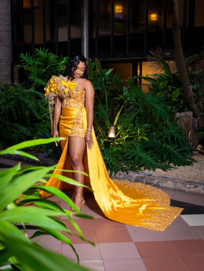 Gorgeous Yellow One Shoulder Satin Sequin 3D Floral Long Party Dress Evening Dress SP3176