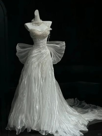 Classy Strapless Tulle Pleated Beaded Mermaid Long Party Dress Prom Dress SP2536