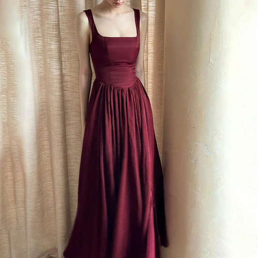 Vintage Square Neck Burgundy Satin A Line Bridesmaid Dress Long wedding Guest Dress SP2133