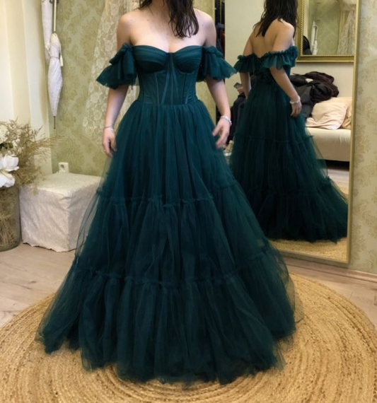Green Prom Dress Off The Shoulders Tulle Dress Y4469