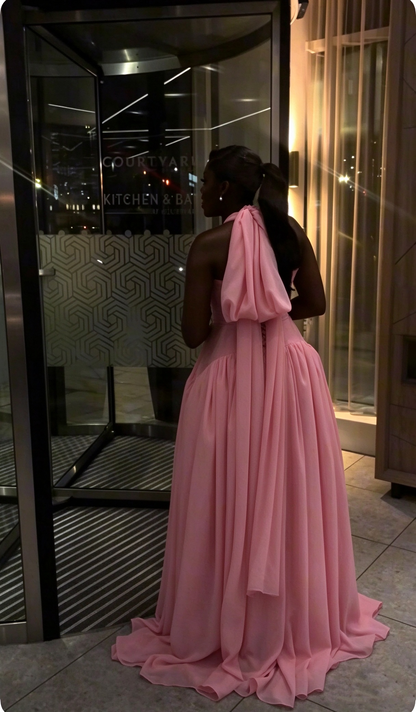 Sexy Halter V Neck Chiffon A Line Party Dress Pink Long Birthday Dress SP4281