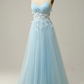 Women Sky Blue Spaghetti Straps A Line Tulle Long Prom Dress Y7032