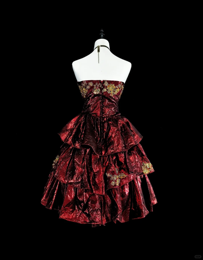 Retro Burgundy Satin Appliques Layered A Line Short Graduation Homecoming Dress,Strapless Mini Birthday Dress SP3393