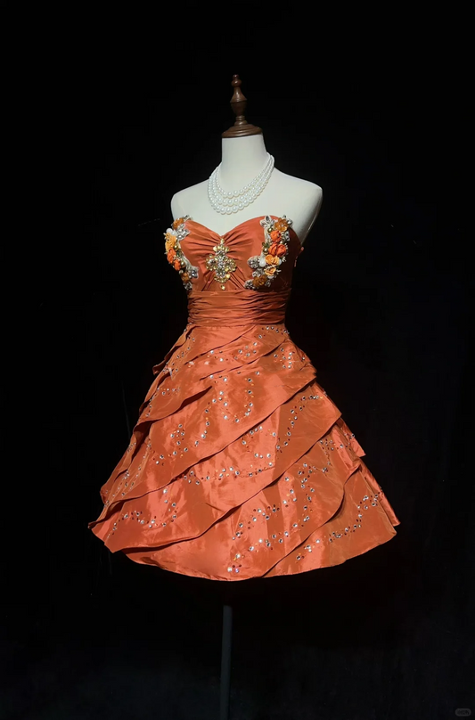 Elegant Sweetheart Neck Satin Beaded A Line Mini 19th Birthday Outfits,Orange Short Homecoming Dress SP2904