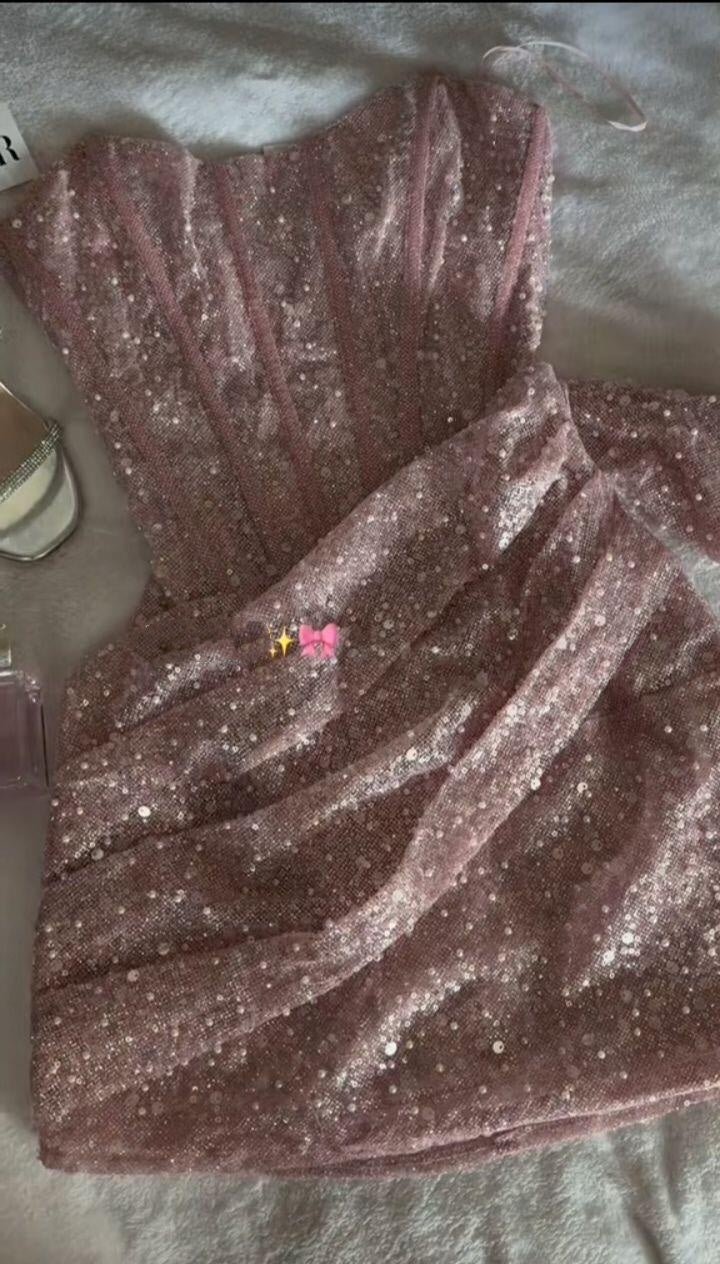 Shiny Pink Strapless Sequin Sheath Short Homecoming Dress Cocktail Dress SP3482
