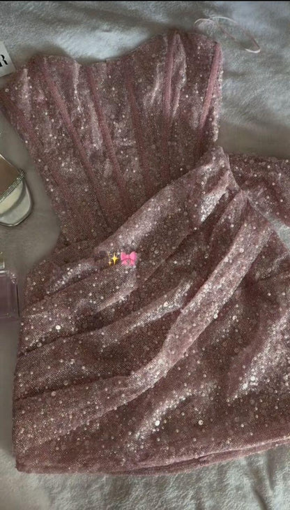 Shiny Pink Strapless Sequin Sheath Short Homecoming Dress Cocktail Dress SP3482