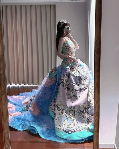 Pretty Strapless Satin Beaded Tulle Pleated Ball Gown Formal Princess Quinceanera Dress SP1186