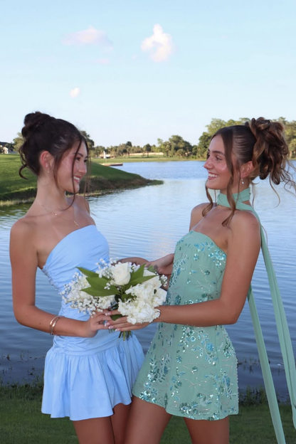 Elegant Mint Green Satin Sequin Beaded Short Homecoming Dress,Strapless Mini Cocktail Dress With Scarf SP2950