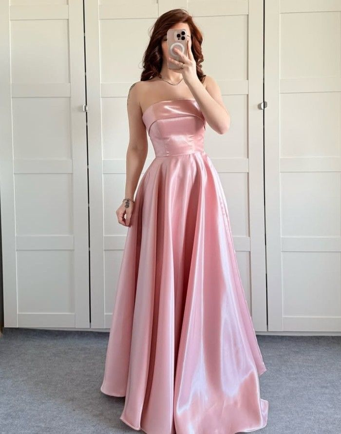 Charming Strapless Pink Satin A Line Long Wedding Guest Dress Evening Dress Bridesmaid Dress SP1019