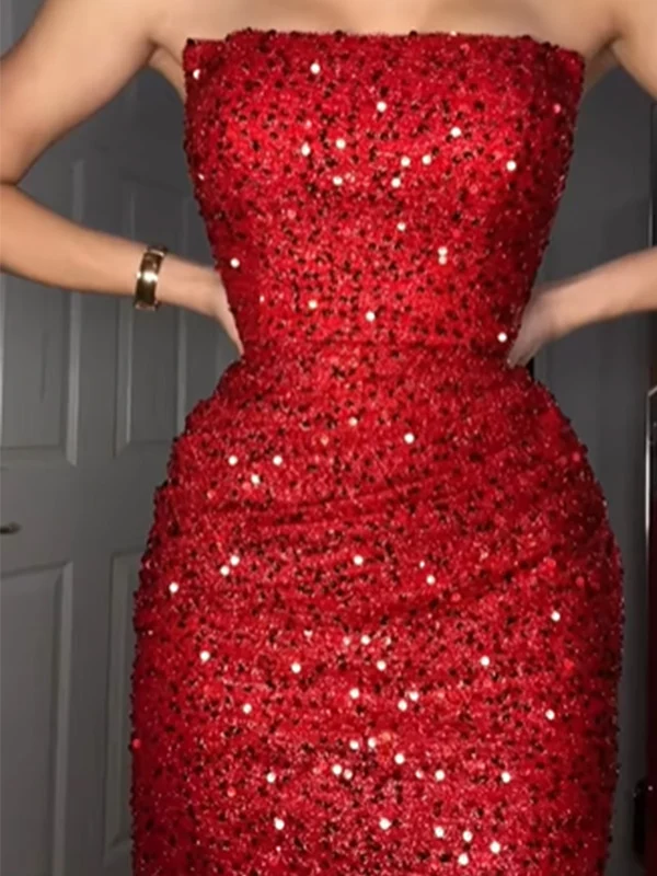 Shiny Strapless Red Mermaid Sequin Long Party Dress Prom Dresses SP3736
